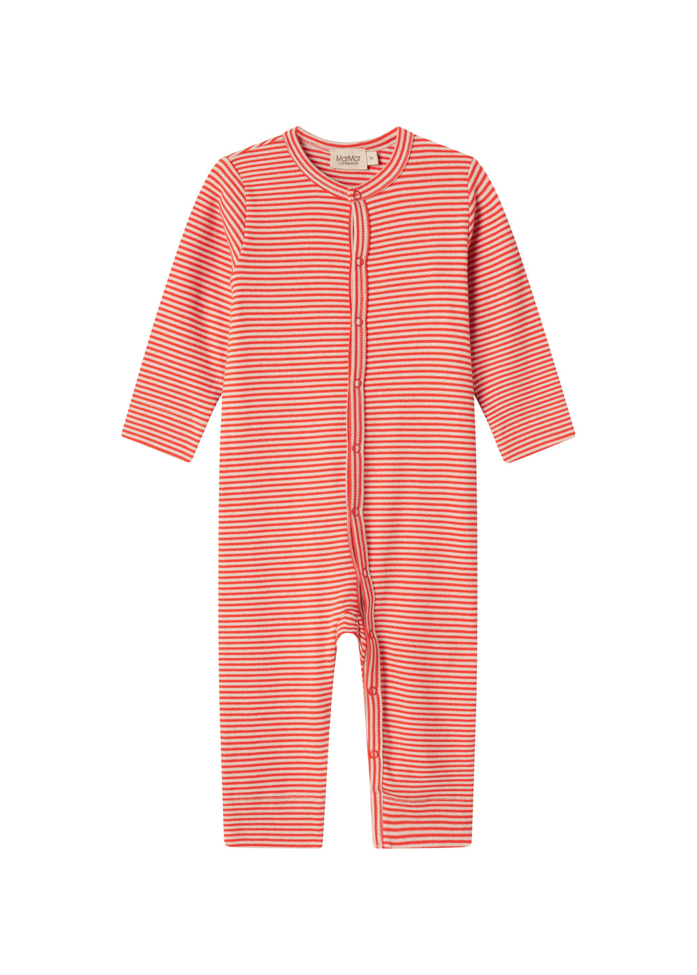Rød og hvid stribet heldragt til baby med lange ærmer og trykknapper foran
