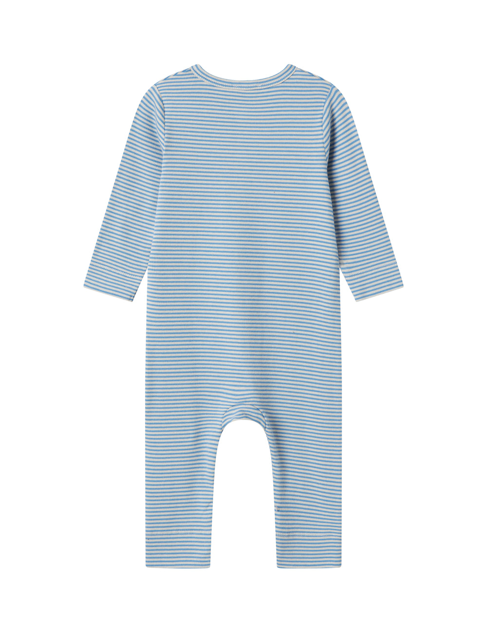 Blå og hvid stribet heldragt til baby med lange ærmer og trykknapper foran