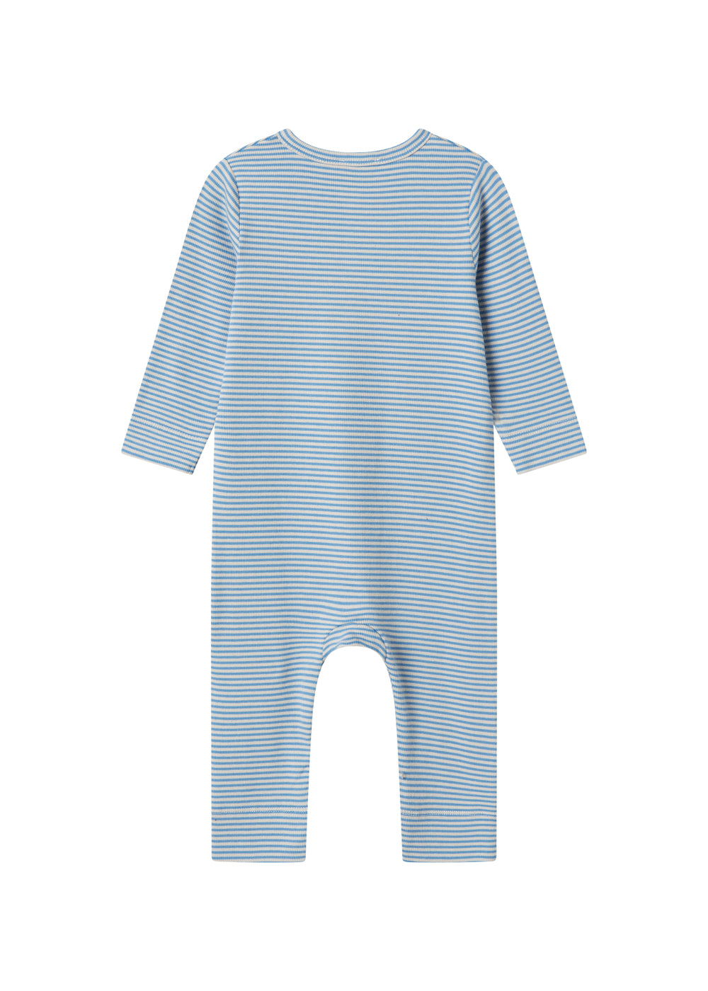 Blå og hvid stribet heldragt til baby med lange ærmer og trykknapper foran
