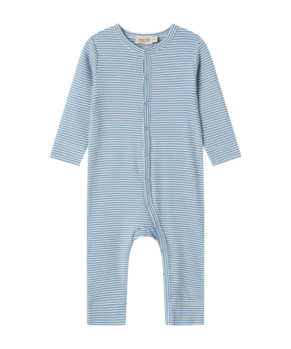 Blå og hvid stribet heldragt til baby med lange ærmer og trykknapper foran