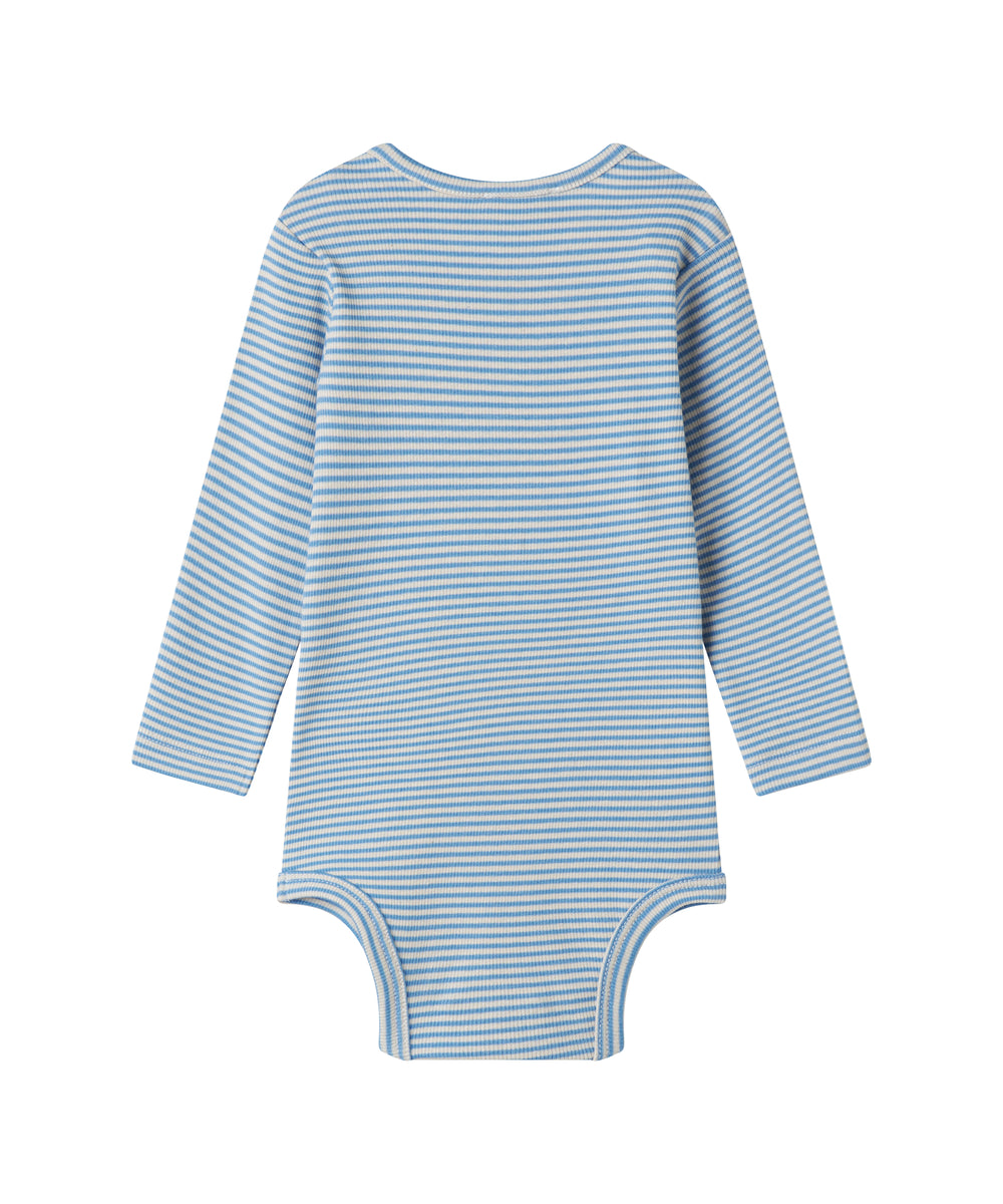 Blå og hvid stribet body til baby med lange ærmer