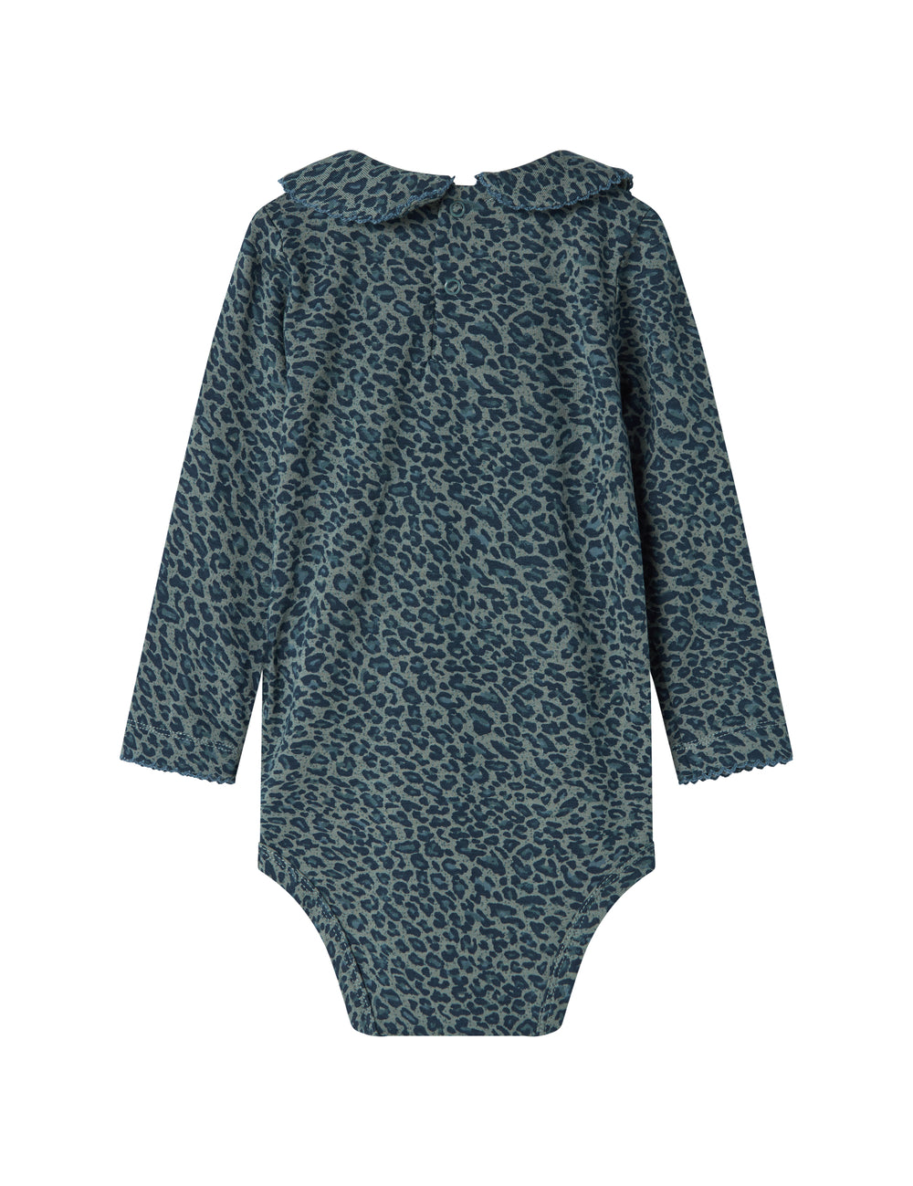 Grøn leopardmønstret babybody med lange ærmer og krave