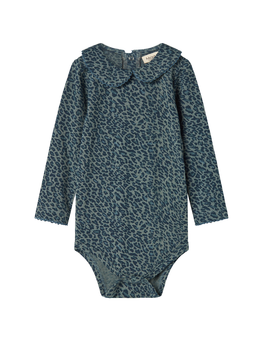 Green leopard print baby bodysuit with long sleeves and collar