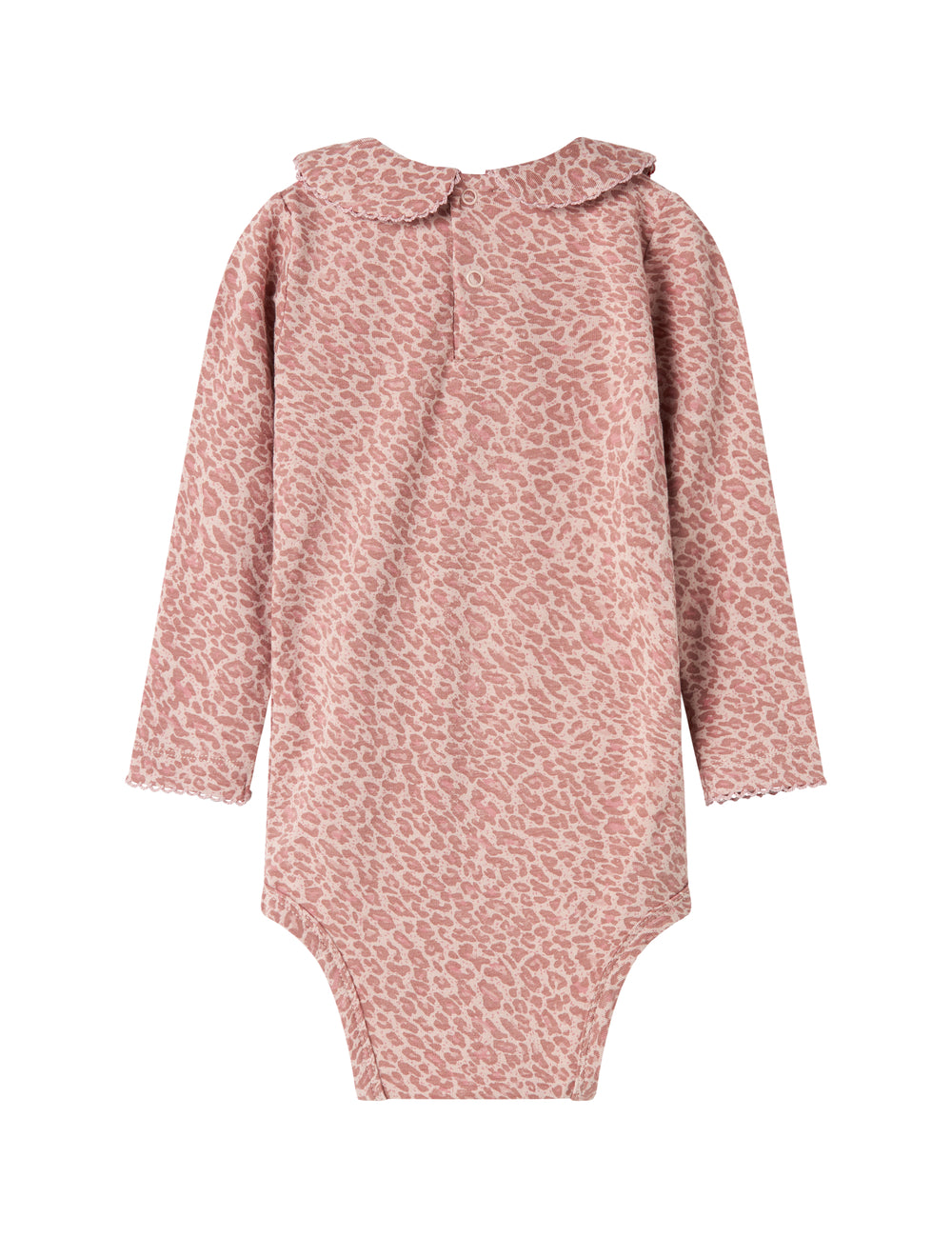 Lyserød leopardmønstret babybody med lange ærmer og krave