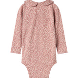 Lyserød leopardmønstret babybody med lange ærmer og krave