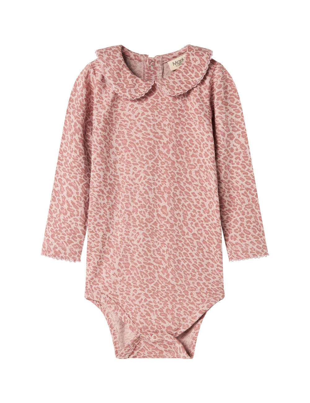 Pink leopard print baby bodysuit with long sleeves and collar