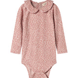 Lyserød leopardmønstret babybody med lange ærmer og krave