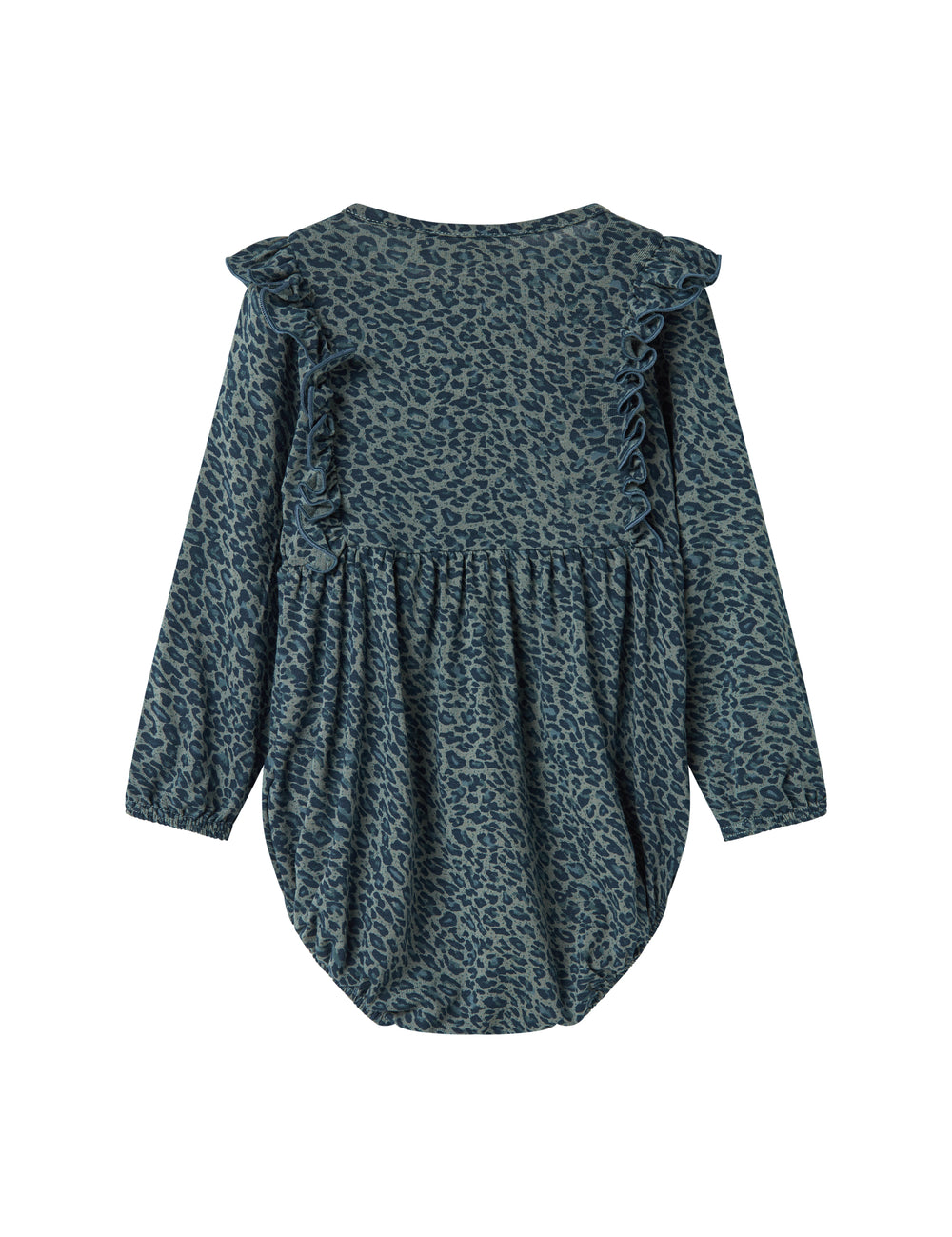 Grøn leopardmønstret babybody med lange ærmer og flæser