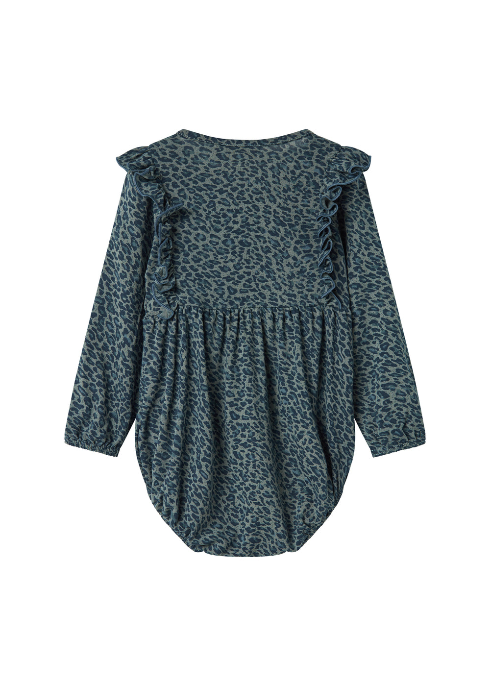 Grøn leopardmønstret babybody med lange ærmer og flæser