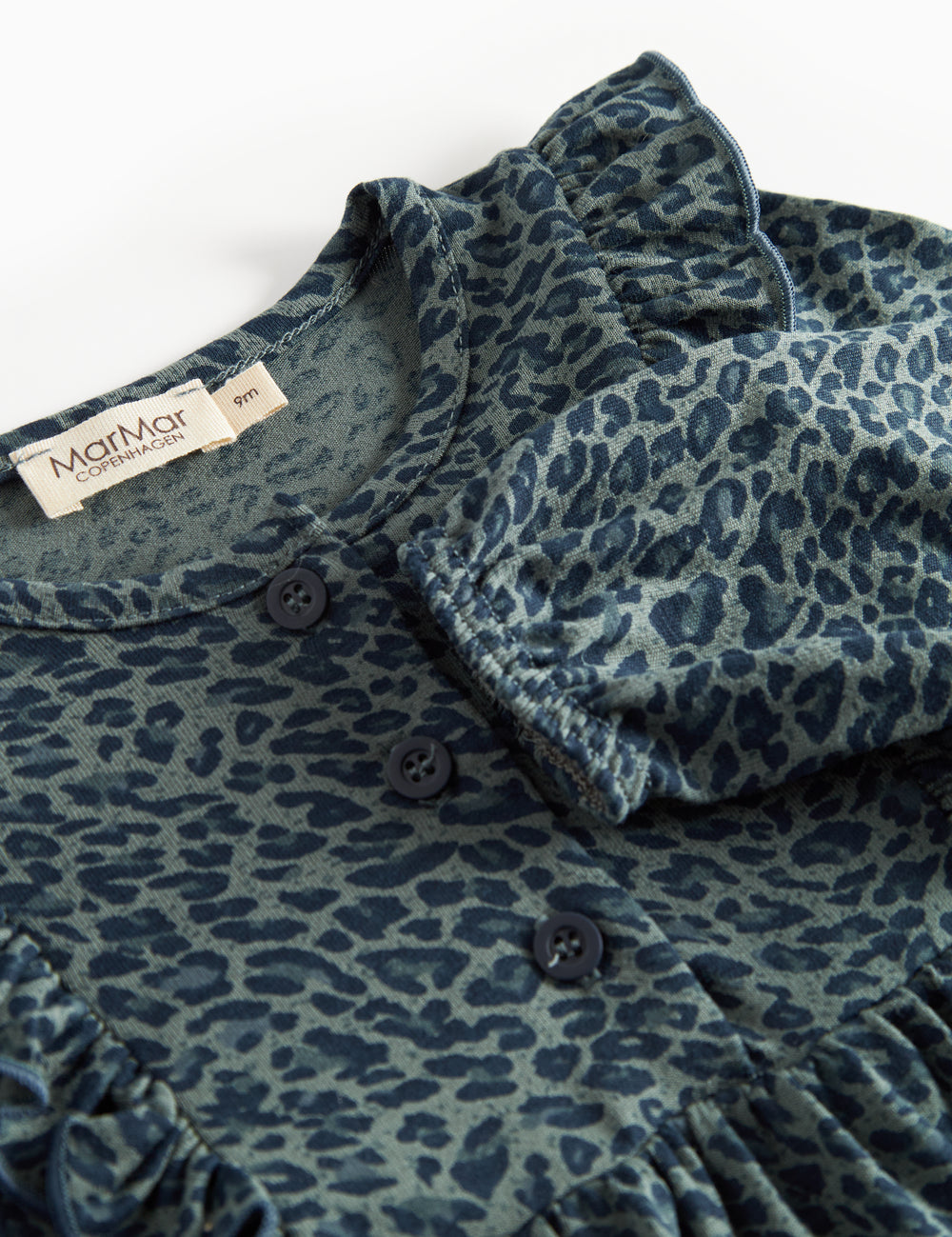 Green leopard print baby bodysuit with long sleeves and ruffles