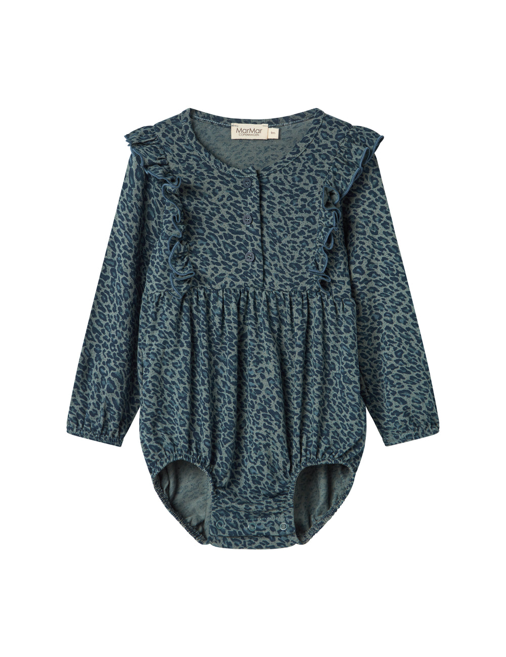 Green leopard print baby bodysuit with long sleeves and ruffles