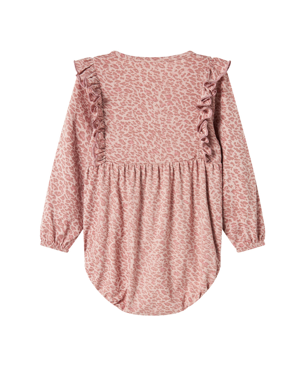 Lyserød leopardmønstret body med lange ærmer og flæser til børn