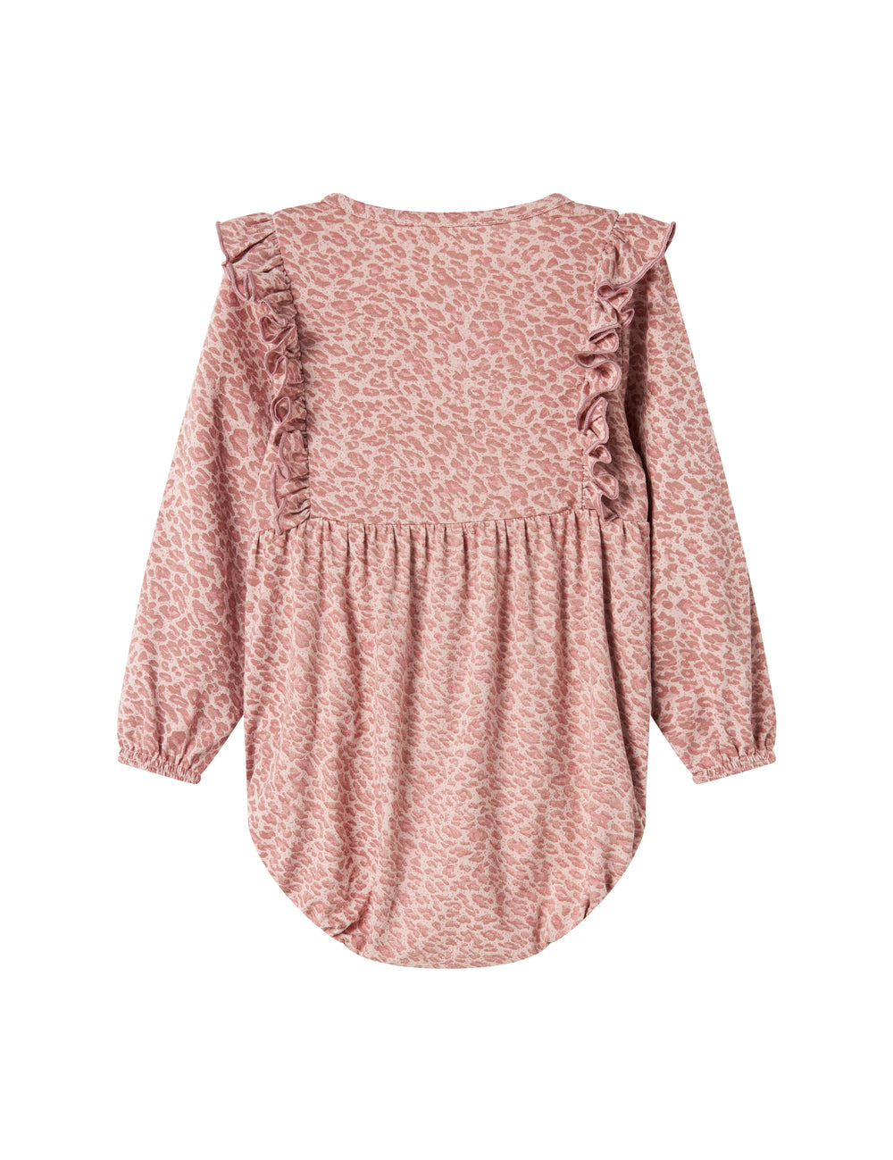 Lyserød leopardmønstret body med lange ærmer og flæser til børn