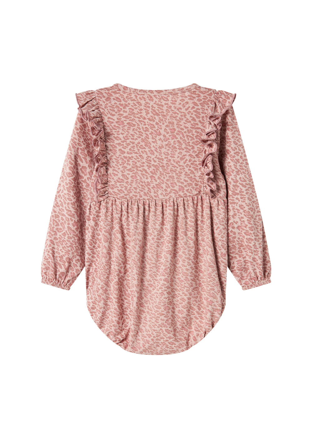 Lyserød leopardmønstret body med lange ærmer og flæser til børn