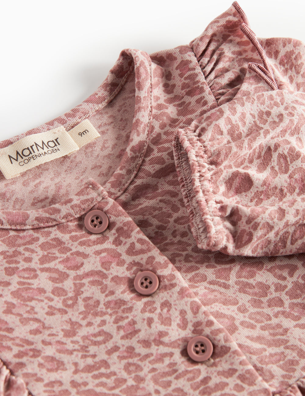 Pink leopard print bodysuit with long sleeves and ruffles for children