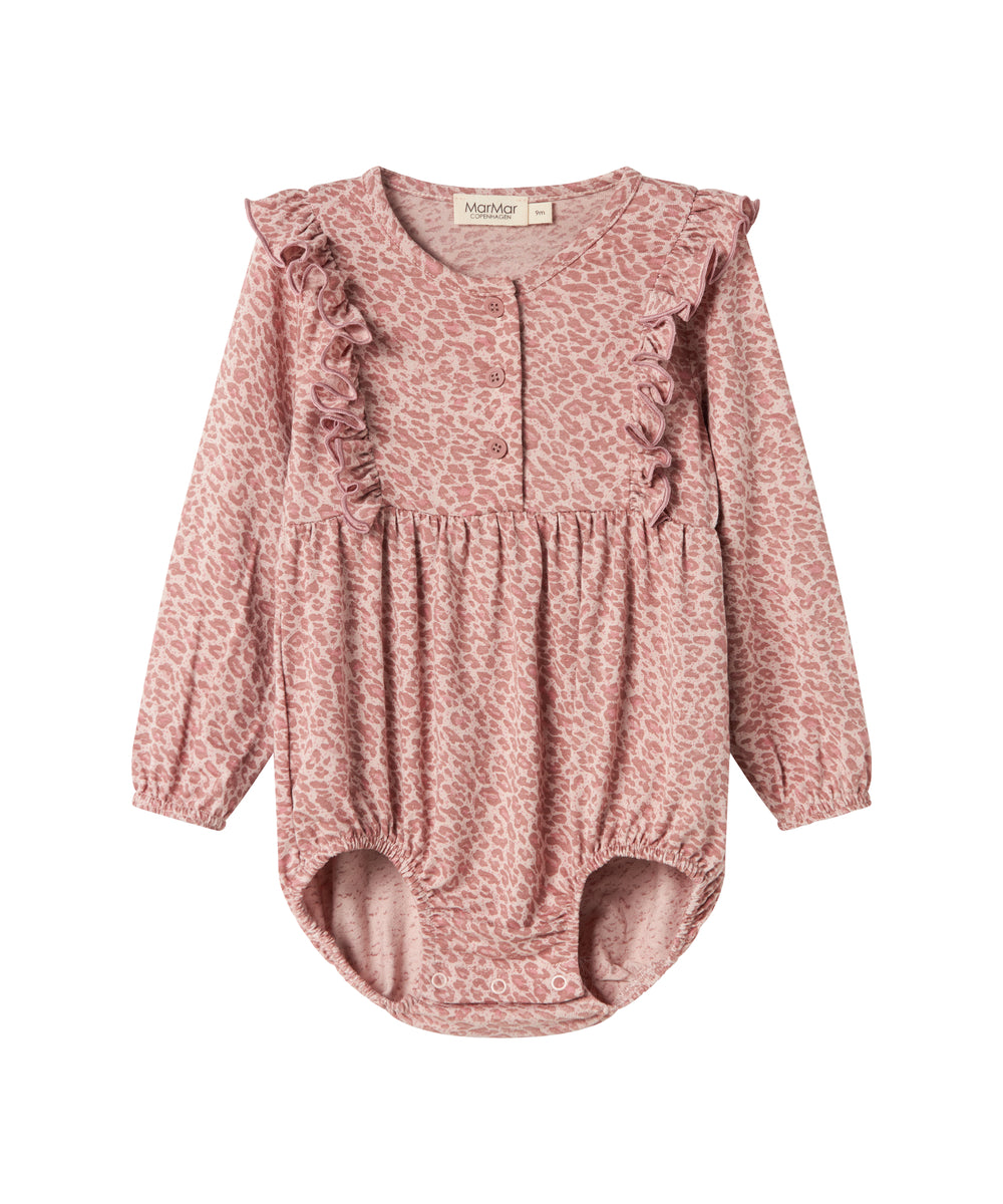 Lyserød leopardmønstret body med lange ærmer og flæser til børn