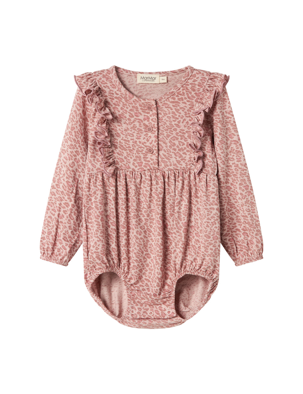 Pink leopard print bodysuit with long sleeves and ruffles for children