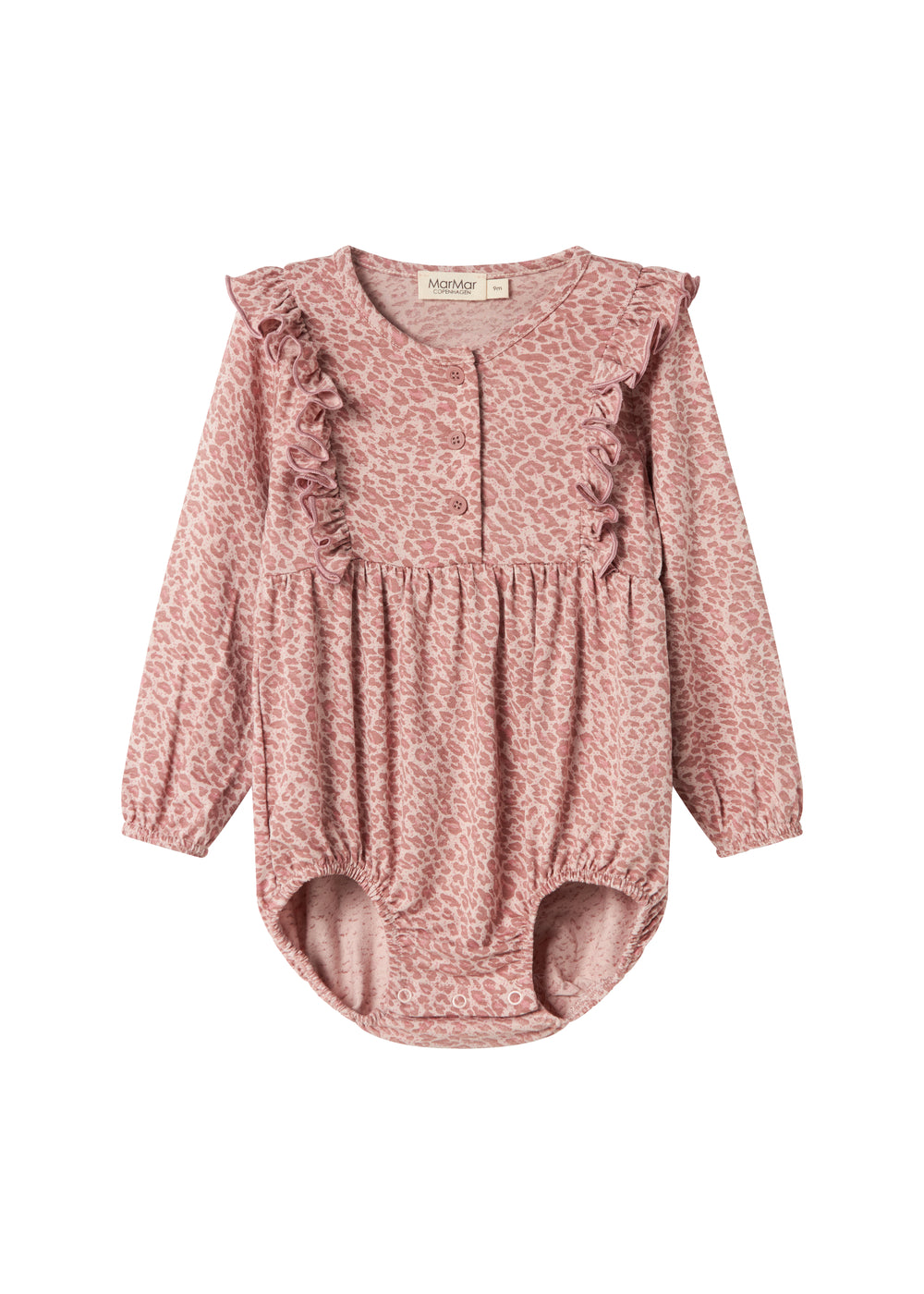 Lyserød leopardmønstret body med lange ærmer og flæser til børn