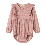 Lyserød leopardmønstret body med lange ærmer og flæser til børn