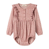 Lyserød leopardmønstret body med lange ærmer og flæser til børn