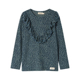 Grøn leopardmønstret bluse med lange ærmer og flæser til børn