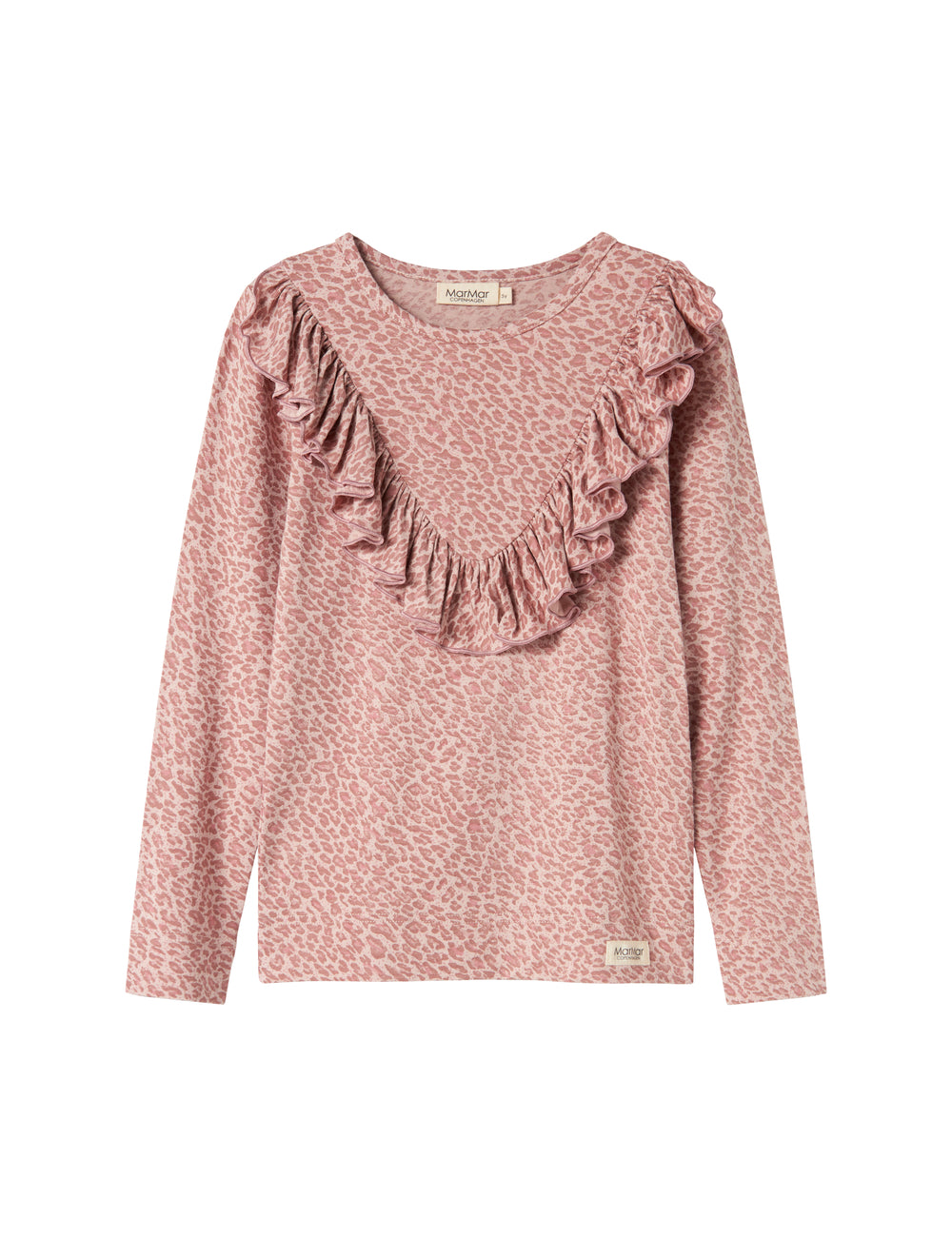 Lyserød leopardmønstret bluse med lange ærmer og flæser til børn