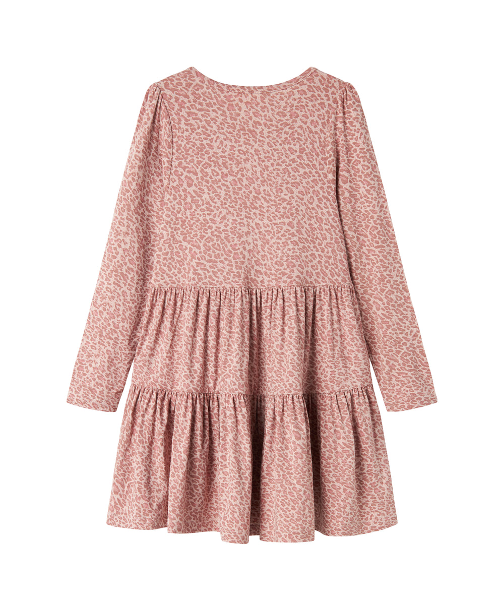 Lyserød leopardmønstret kjole med lange ærmer til børn