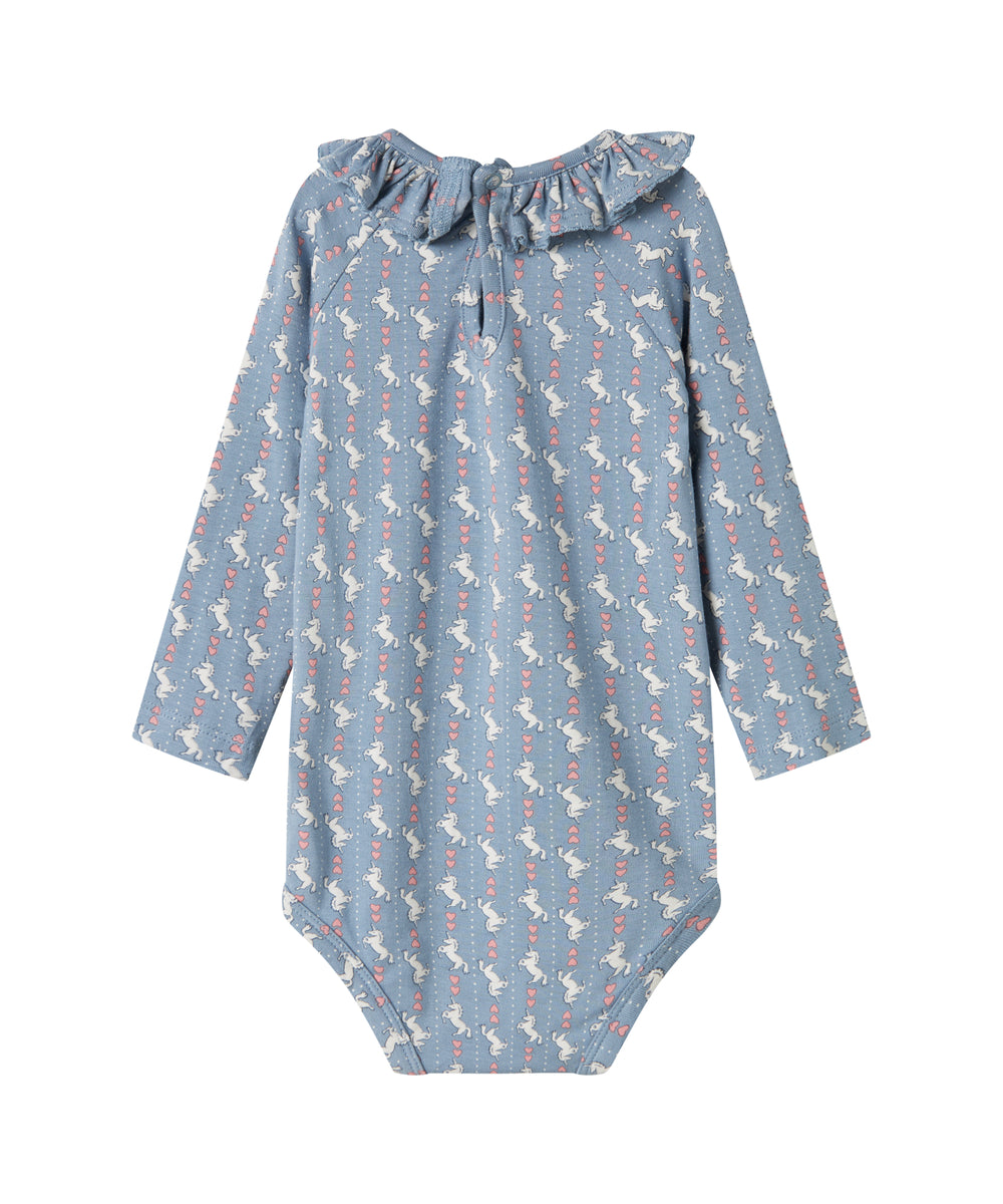 Blå langærmet body til baby med enhjørningemønster og flæsekrave
