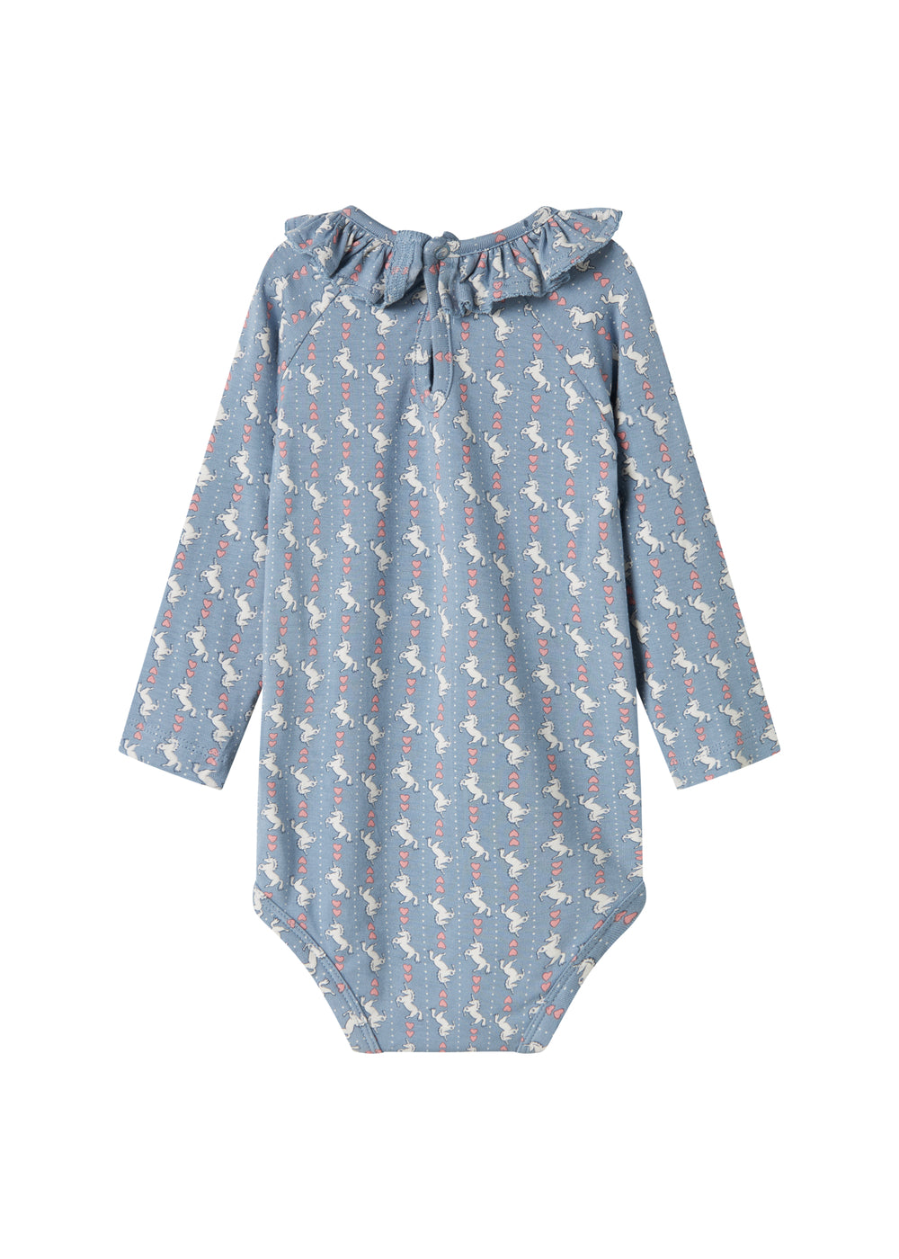 Blå langærmet body til baby med enhjørningemønster og flæsekrave
