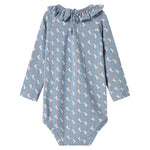 Blå langærmet body til baby med enhjørningemønster og flæsekrave
