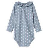 Blå langærmet body til baby med enhjørningemønster og flæsekrave