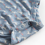 Blå langærmet body til baby med enhjørningemønster og flæsekrave