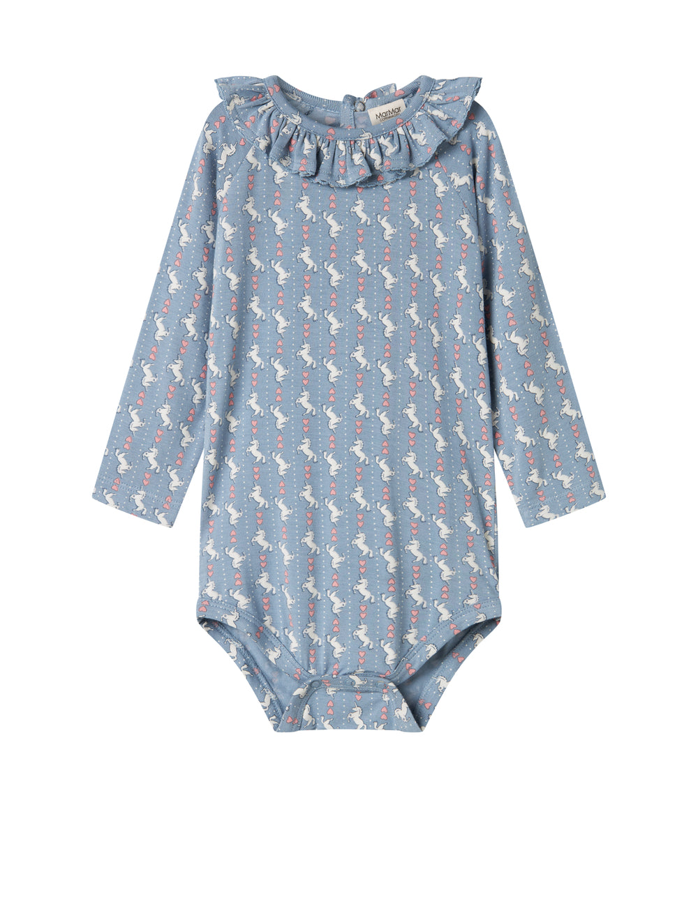 Blue long-sleeved bodysuit for baby with unicorn pattern and ruffle collar