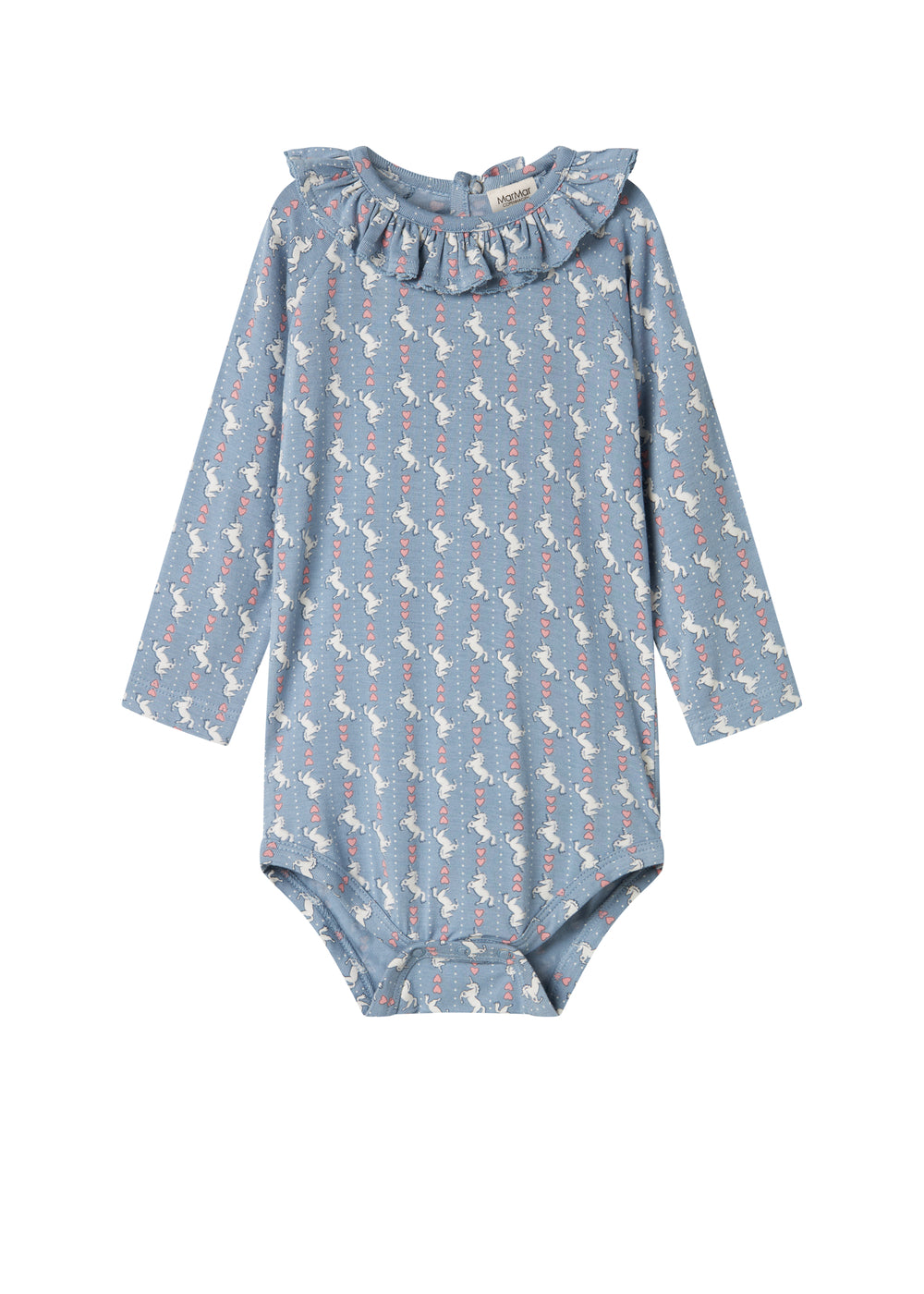 Blå langærmet body til baby med enhjørningemønster og flæsekrave