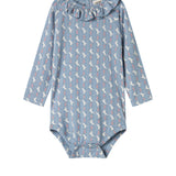 Blå langærmet body til baby med enhjørningemønster og flæsekrave