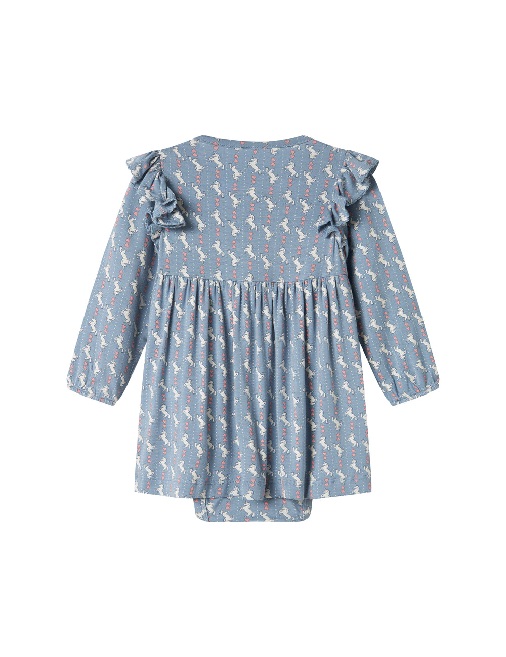 Blå kjole-body til baby med enhjørningemønster og flæser på skuldrene