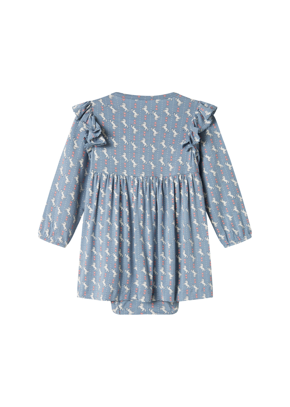 Blå kjole-body til baby med enhjørningemønster og flæser på skuldrene