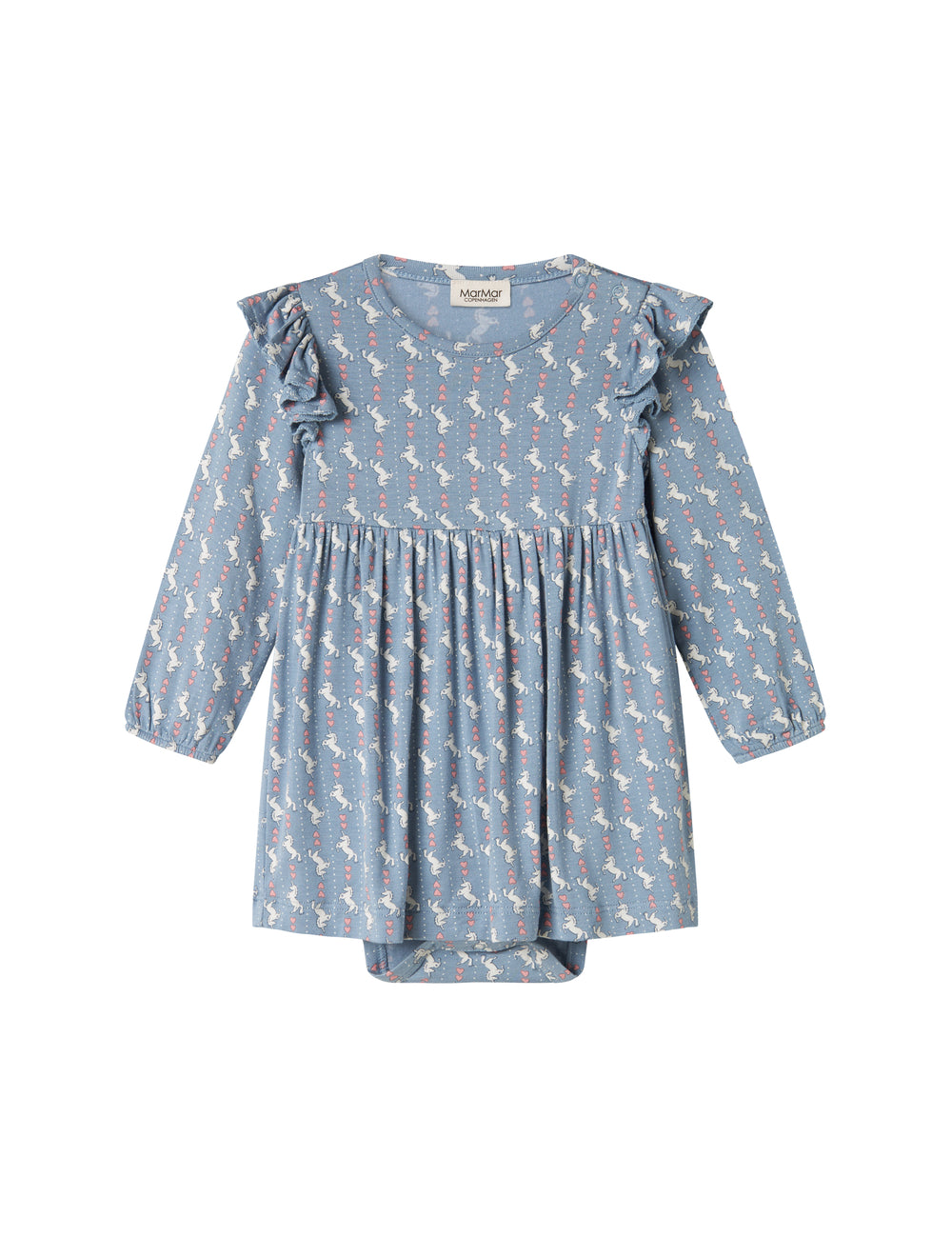 Blue dress-bodysuit for baby with unicorn pattern and ruffles on the shoulders