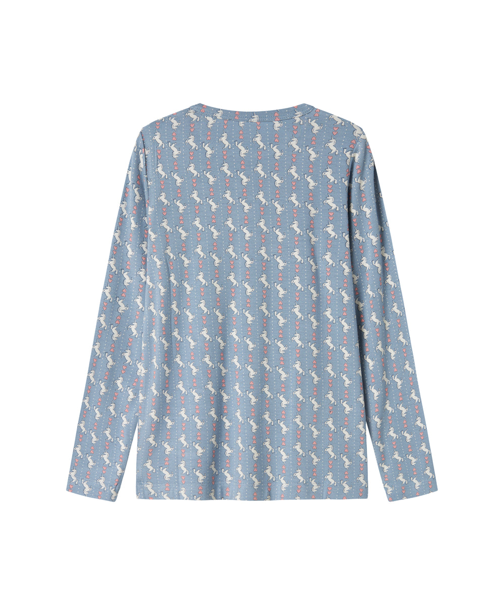 Blå langærmet bluse til børn med enhjørningemønster