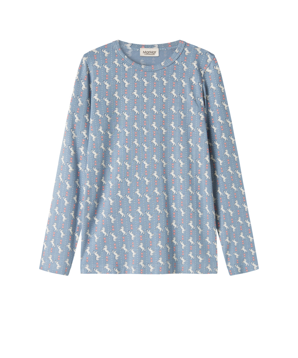 Blå langærmet bluse til børn med enhjørningemønster