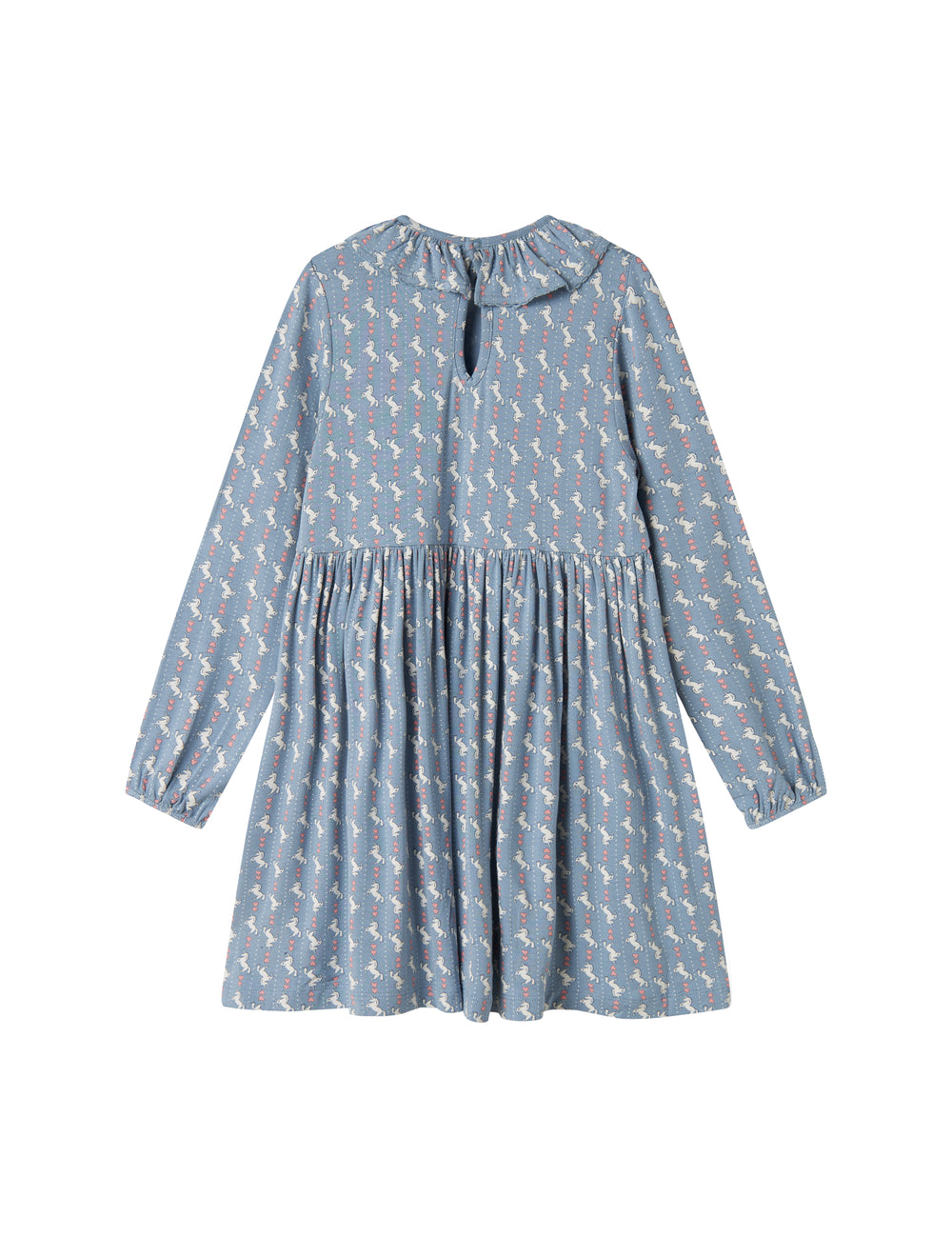 Blå kjole til børn med enhjørningemønster og flæsekrave