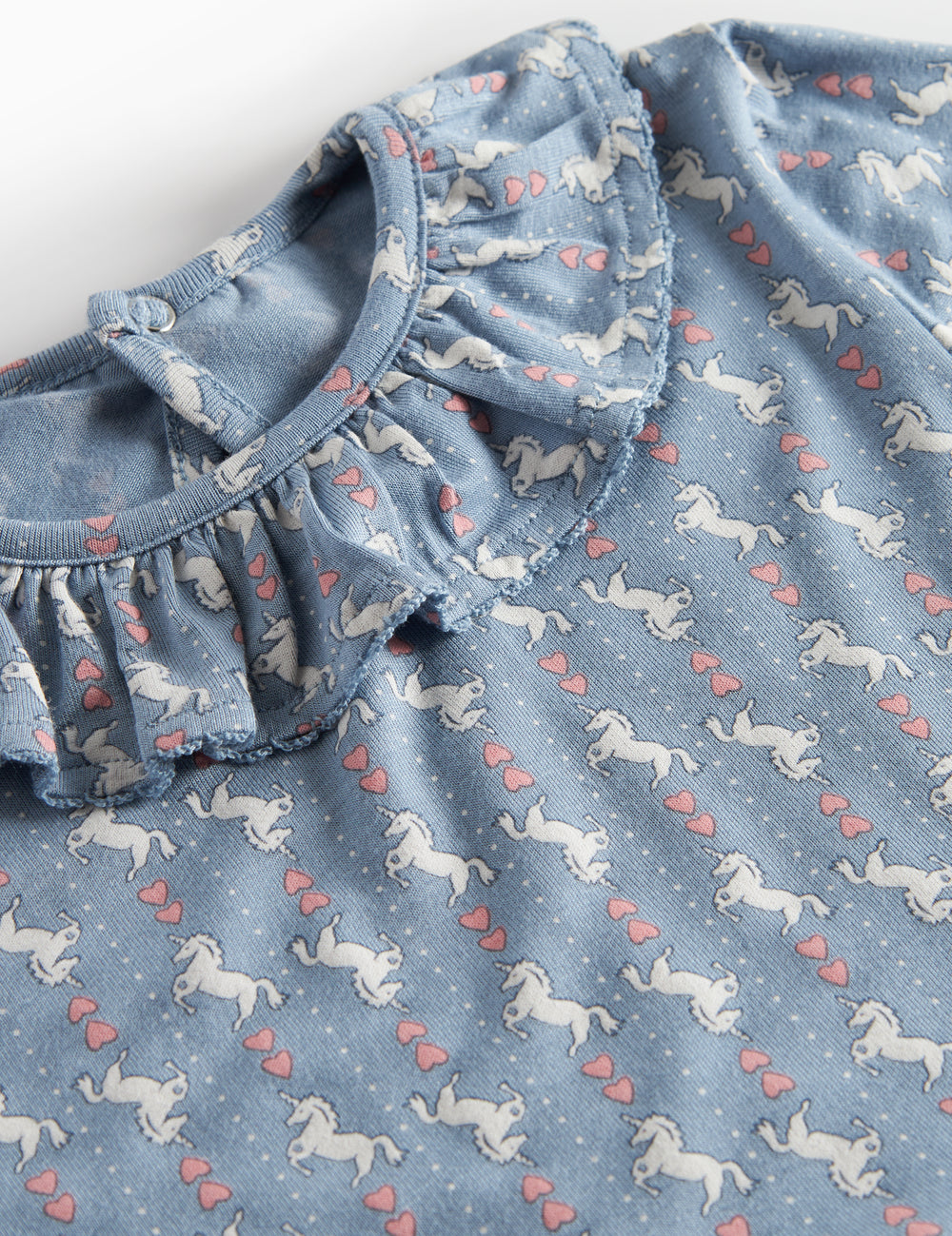 Blå kjole til børn med enhjørningemønster og flæsekrave