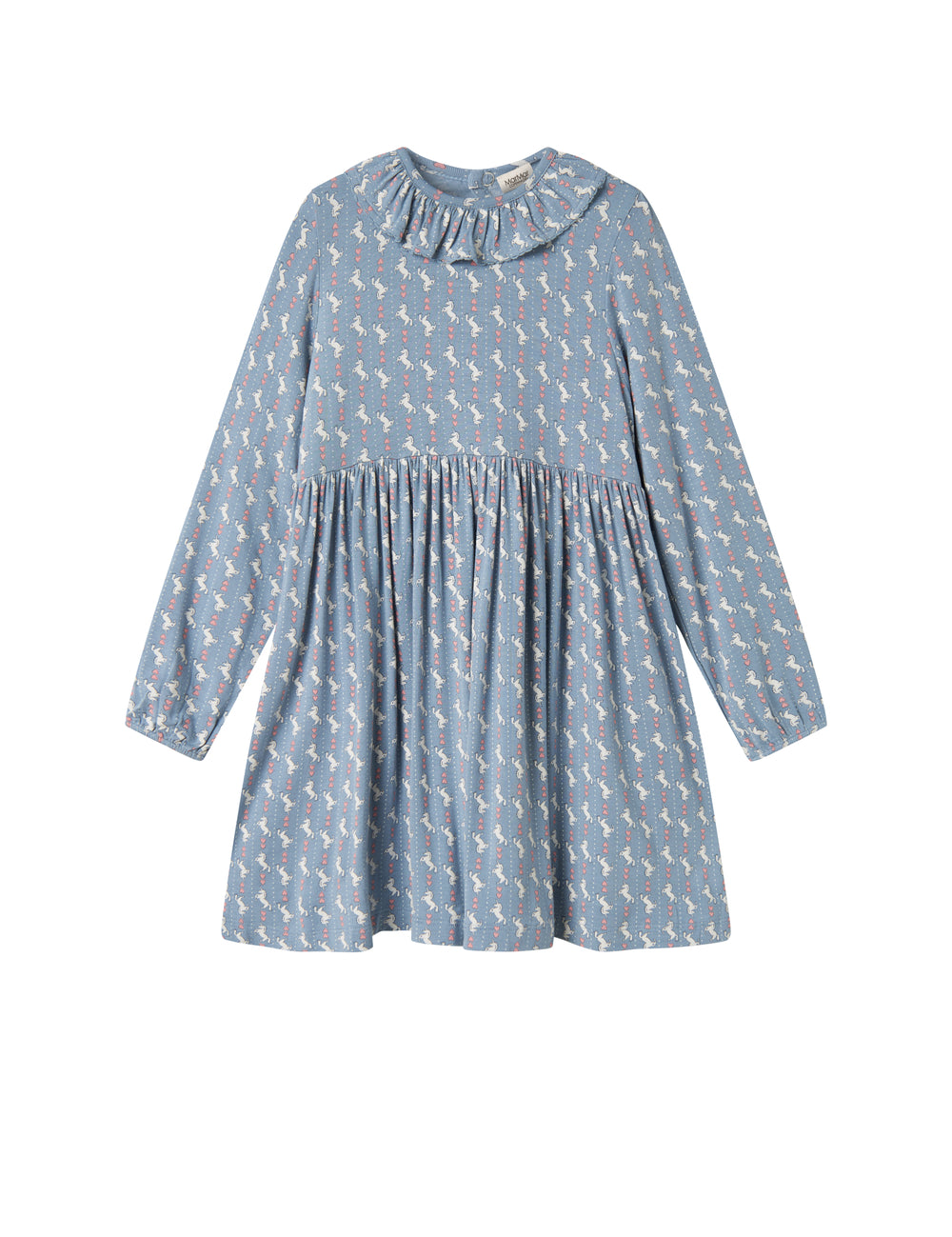 Blå kjole til børn med enhjørningemønster og flæsekrave