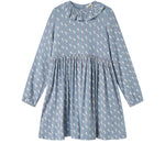 Blå kjole til børn med enhjørningemønster og flæsekrave