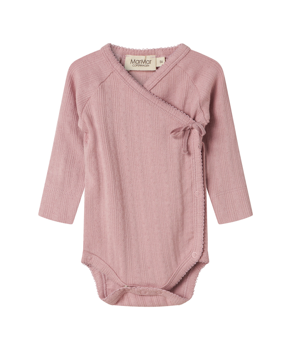 Rosa pointelle slå-om body til baby med lange ærmer og bindebånd