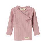 Rosa pointelle slå-om bluse til baby med lange ærmer og bindebånd