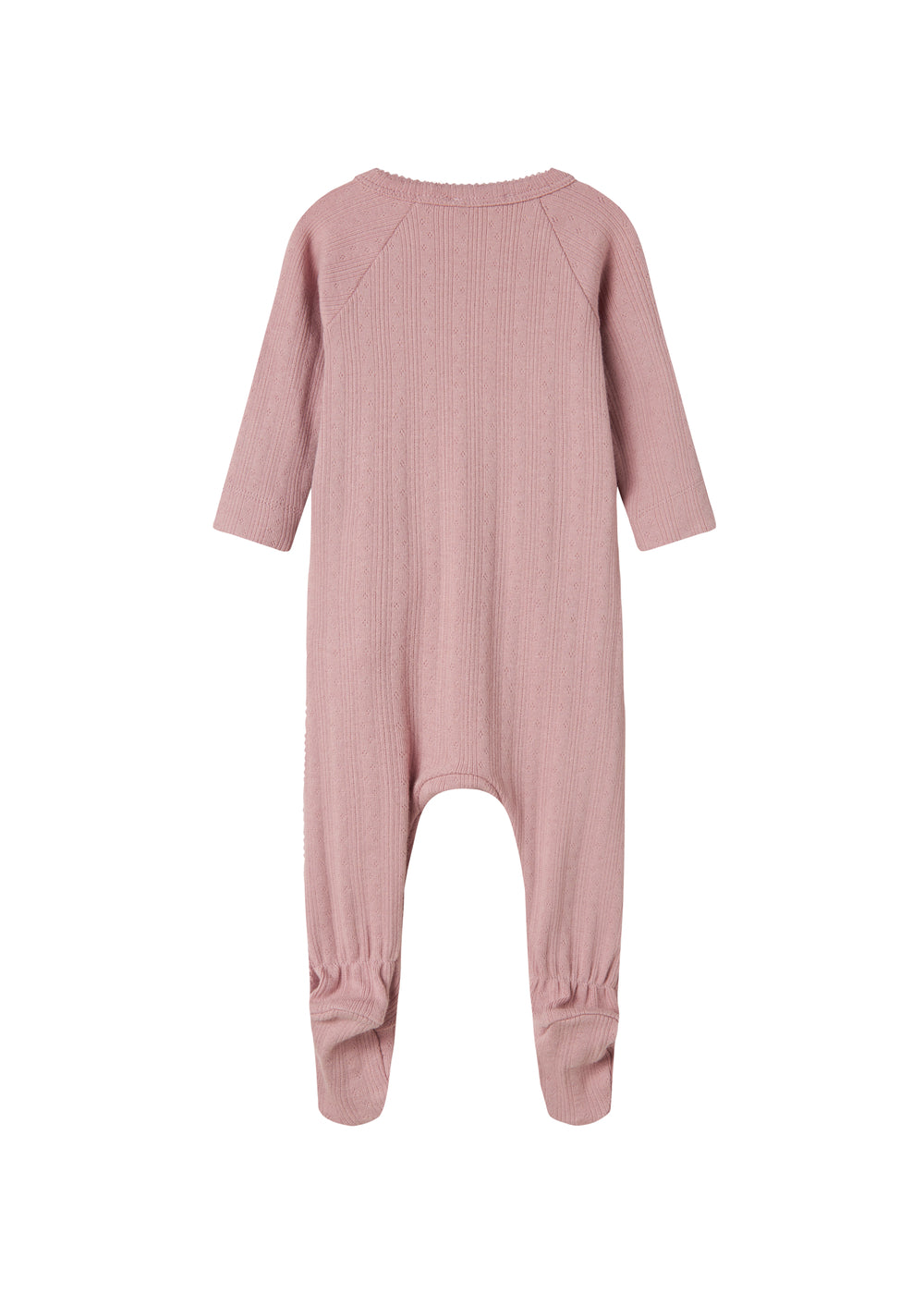 Rosa pointelle heldragt til baby med fødder og slå-om lukning