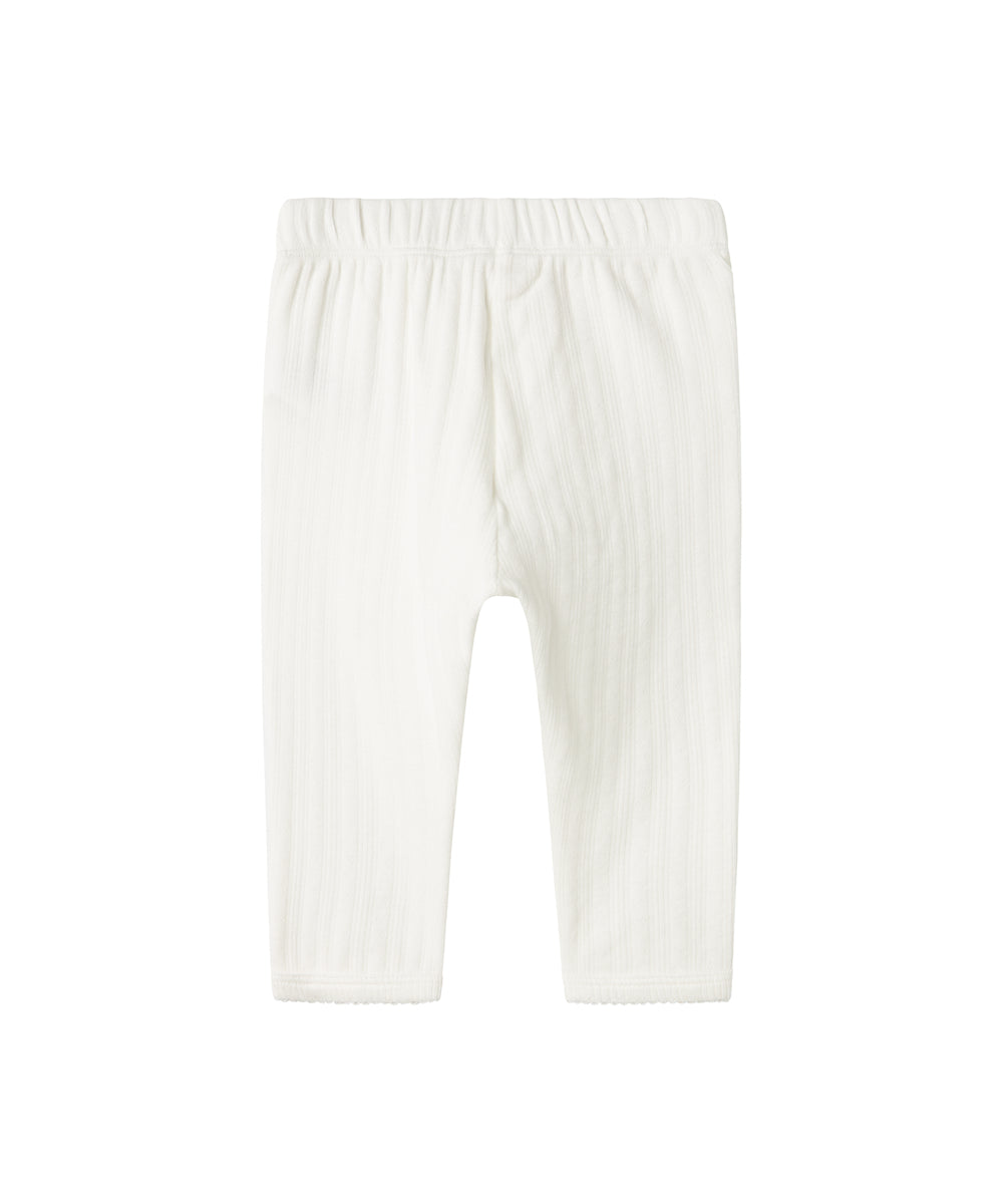 Hvide pointelle bukser til børn med bindebånd og ribkanter