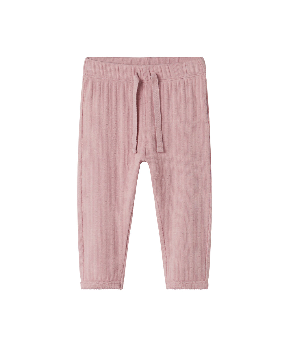 Rosa pointelle bukser til børn med bindebånd og ribkanter
