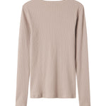 Beige ribstrikket t-shirt til dame med lange ærmer